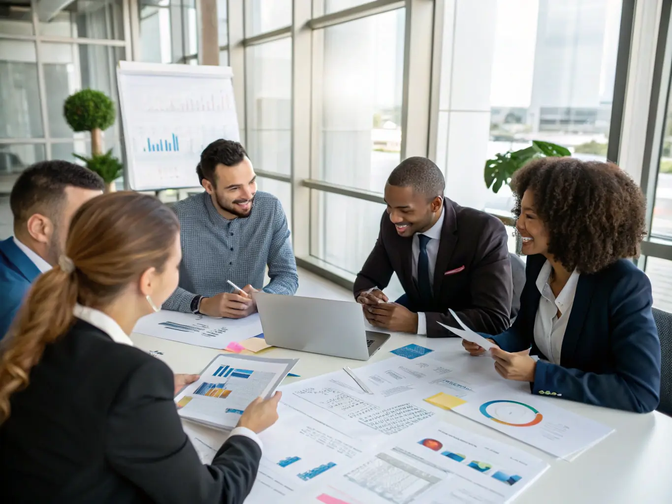 A group of investors reviewing property portfolios with a financial advisor, representing Charran Charter LLC's investment partnership opportunities.